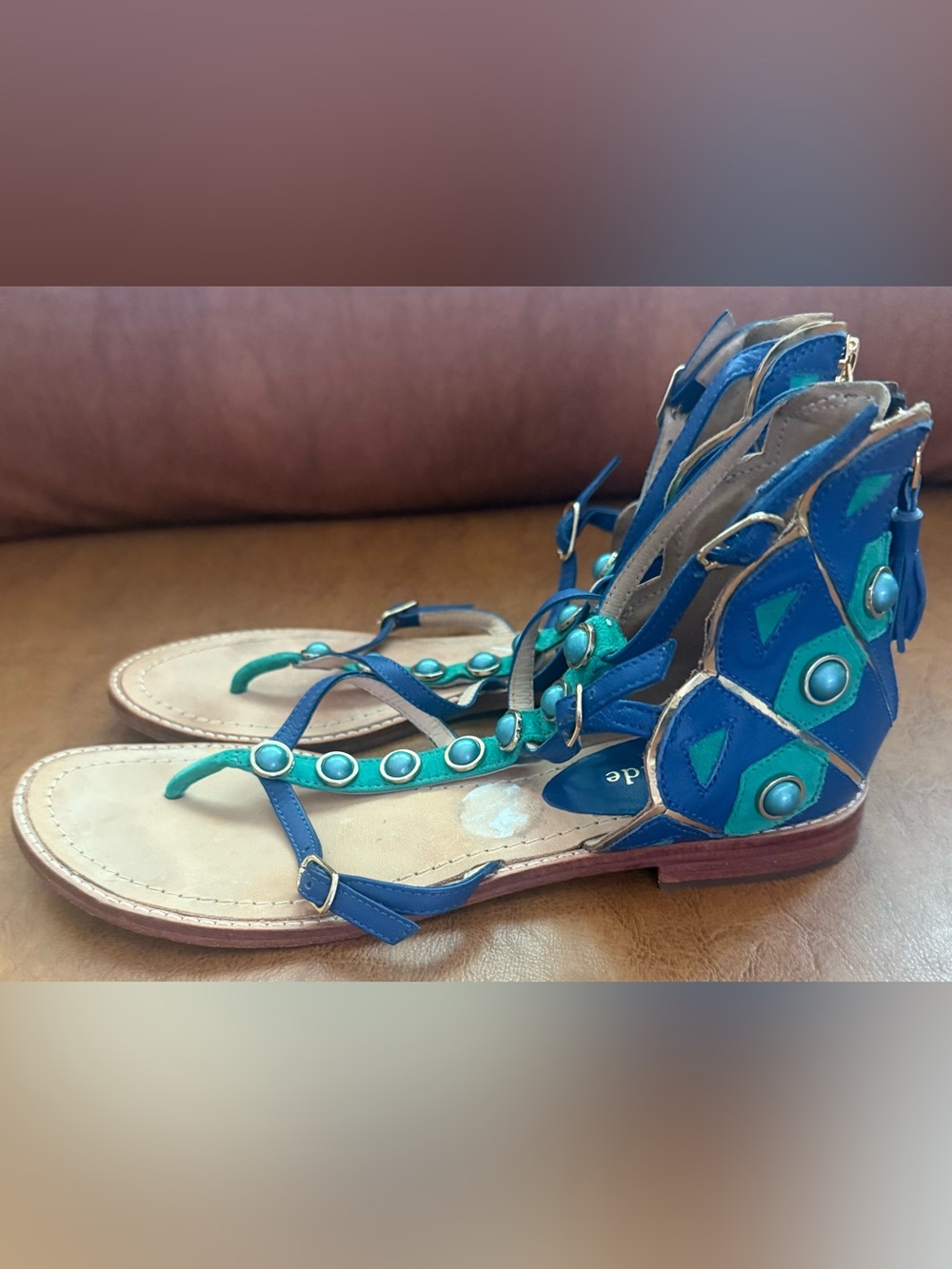 Kate Spade New York Soto Flat Sandals Blue Green Studded Leather Size 7.5 - Picture 7 of 10